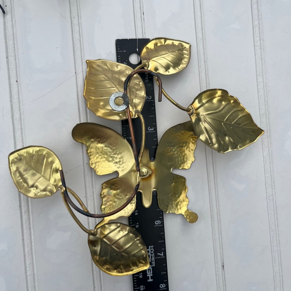 Vintage Brass Butterfly and Leaves Metal Wall Art Sculpture Gold Tone Decor - Picture 3 of 3